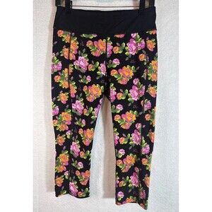 Betsey Johnson Large Performance Crop Leggings Women’s Pink Roses Black Active